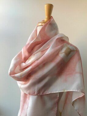 Hand Dyed Silk Scarf, Rose Pink, Ochre White, Natural Dyes, Textile Art, NWT